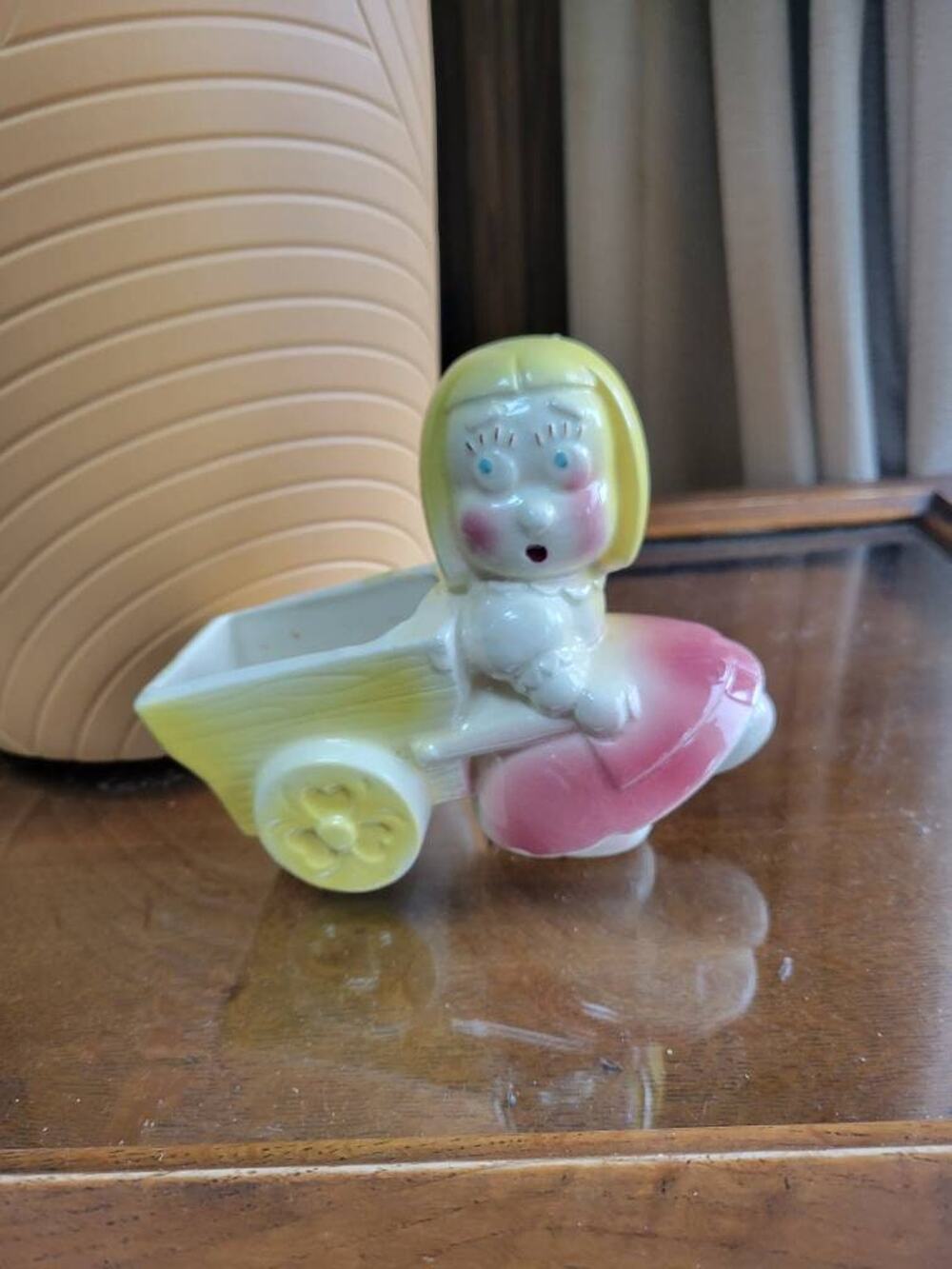 Vintage MCM Ceramic Dutch Girl Pulling Wheelbarrow Cart Pottery Planter